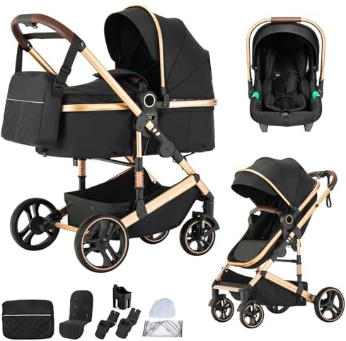 BEBBY Kinderwagen 3 in 1,Kinderwagen Buggy Mit Babyschale,Mit Höhenverstellbarer buggy Komplettset Faltbare tragbare,Buggys Mit Aluminiumrahmen für Neugeborene 0 bis 4 Jahre (H9-BLACK)