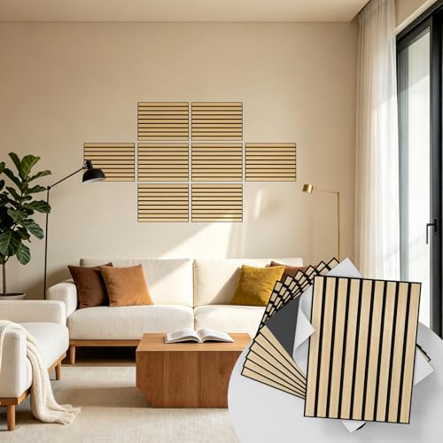 WADILE Panneaux Muraux à Lattes Bois Autocollants 30×40 cm – Panneaux Acoustiques Décoratifs en PVC Insonorisés pour Salon et Chambre, Mur d’Accent – Lot de 8