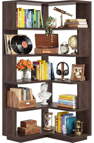 iSunirm 5-Tier Corner Bookshelf, L-Shaped Bookcase, Space-Saving Freestanding Corner Display Shelf Unit for Living Room & Bedroom, 162x60x60cm, Black Walnut
