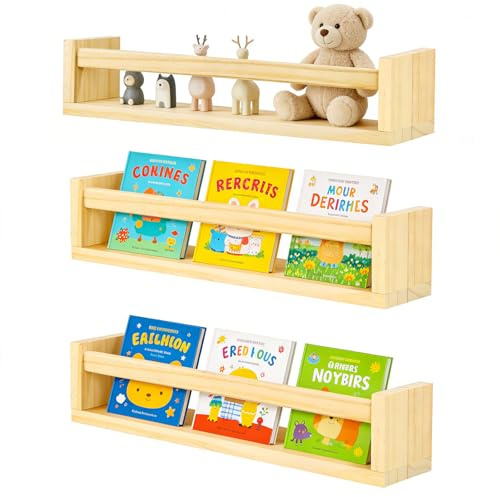 SMRONAR Nursery Book Shelves, Set of 3 Floating Shelves Wood Wall, Baby Nursery Decor Solid Wood Wall Shelving Organizer, Toys Storage Organizer Bookshelf for Kids Bedroom, Bathroom, Kitchen
