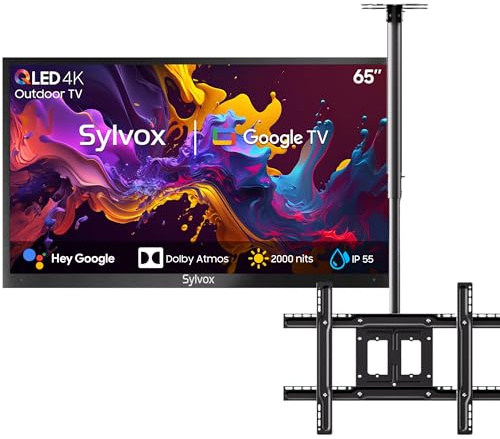SYLVOX 65 TV Extérieur & Support Plafond à écran - QLED 4K UHD 2000Nits, Smart Google Outdoor TV Étanche IP55, Google Assistant - pour Pool/Jardins/Terrasse (Pool Pro 2.0 QLED)