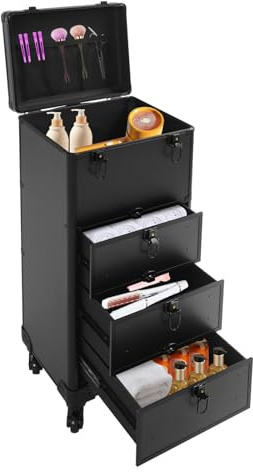 Carro de cosméticos con 3 cajones, cajas de almacenamiento superior, maletín de maquillaje con ruedas, maletín de peluquería con cerradura