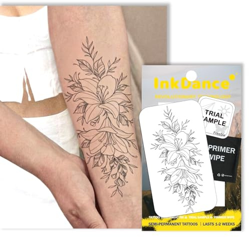 InkDance Semi-Permanent Tattoo, Line Art Lily Flowers, Long Lasting Temporary Tattoos, Waterproof Plant-Based Ink, Lasts 1-2 Weeks, Color Develops in 24 Hours SH142
