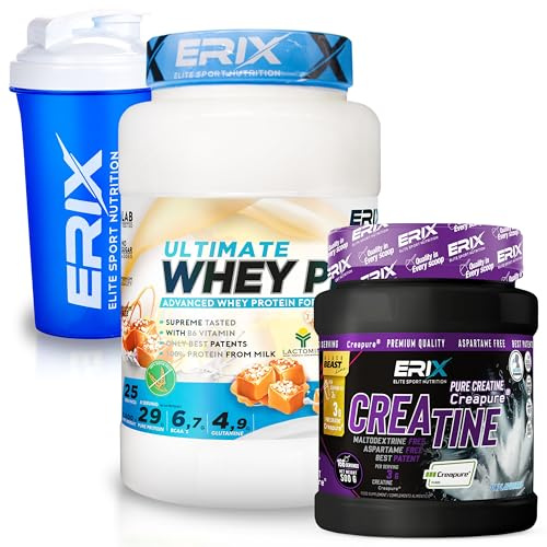 ERIX Nutrición Pack Musculación Whey Ultimate Plus 1Kg+ Creatina Creapure Neutra 500g+ Shaker, Proteína Suero de Leche para Rendimiento Deportivo y Volumen Muscular (Caramelo salado)