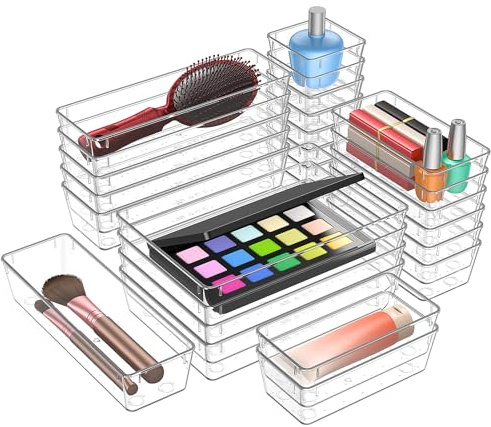 Schubladen Organizer Set 30-teilig, Drawer Organizer mit 4 Größen für Schminktisch & Schublade, transparenter Make-up Organizer für Kosmetik, Büro und Bad