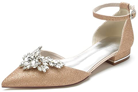 Yhsdfcn Bröllop Glittriga Ballerinaskor med Öppen Sida Spetsig Tå Blommig Kristall och Fotledsrem,Champagne,EU40