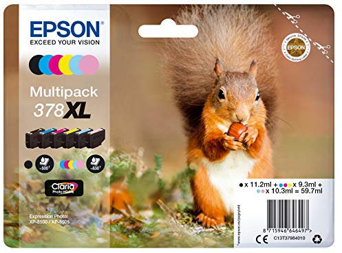 Epson Multipack 378XL Ecureuil, Cartouches d'encre d'origine XL Haute capacité, 6 couleurs: Noir, Cyan, Magenta, Jaune, Cyan clair, Magenta clair, XP-8500 XP-8505 XP-8600 XP-8605 XP-8606 XP-8700