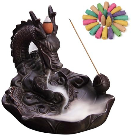 XUDREZ Keramik Räucherstäbchenhalter Rückfluss Räuchergefäß Drache, Weihrauchbrenner Halter mit 20 Räucherkegel Wasserfall +30 Räucherstäbchen