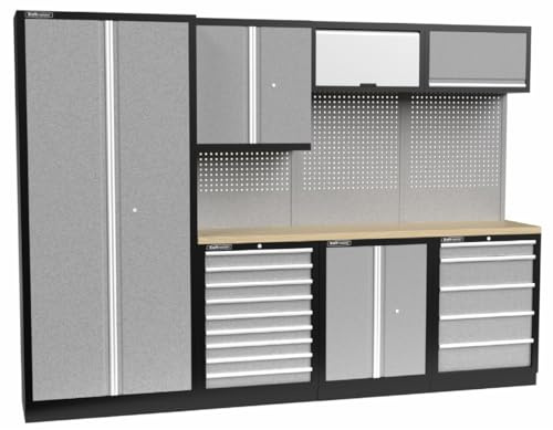 Kraftmeister Werkstatteinrichtung - Männerküche mit 14 Schubladen und 5 Schränken - Werkzeugschrank, Garage - modulares Werkbank mit Holzarbeitsplatte (Multiplex) und Werkzeugwand - Grau