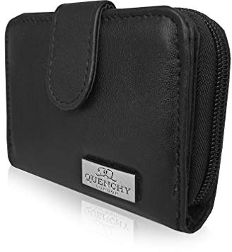 Quenchy London Womens Small Leather Purse, RFID Blocking with 3 Coins and 6 Cards Sections - Zip up Zipped Change Pouch, 12cm x9 x2 Black - QL220RFID