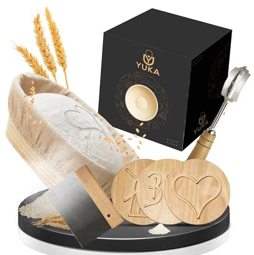 YUKA Profi Gärkörbchen oval für Brot 23cm [NEU] - Gärkorb set mit 3 Brotmuster-Plättchen [inkl. waschbarem Leineneinsatz] - Brotlaib wie von deinem Lieblingsbäcker - Gärkorb