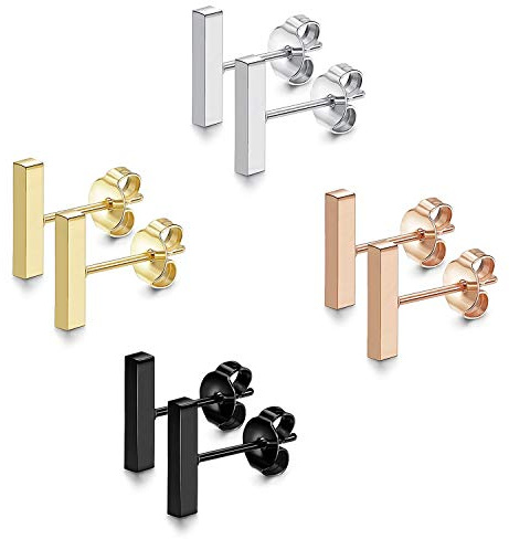 JewelryWe Schmuck 4 Paar 6-12MM Ohrstecker Set Edelstahl Mini Quader Bar Ohrringe Ohr-Piercings für Herren Damen Silber/Gold/Schwarz/Rosegold