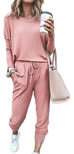 SotRong 2PCS Tracksuit for Women Ladies Casual Loungewear Pyjamas Set Long Sleeve Sweatshirt +Baggy Pants Teen Girls Sport Set Outfit Suit Pink L
