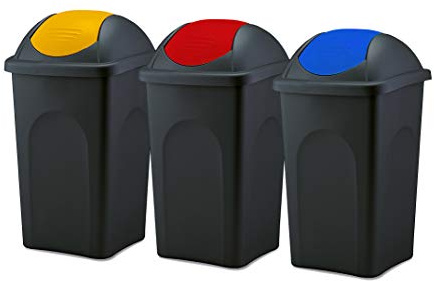 BigDean 3x Mülleimer groß 60L mit Schwingdeckel schwarz gelb, rot, blau | Schwingdeckeleimer aus Kunststoff - Müllsammler Abfalleimer Mülltonne Abfallbehälter - Made in Italy