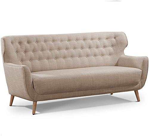CAVADORE Dreisitzer-Sofa Abby / Klassisches Polstersofa mit Knopfverzierung / 183 x 89 x 88 / Strukturstoff, beige