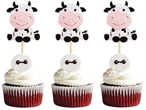 24er Pack Kuh Cupcake Topper Alles Gute zum Geburtstag Cupcake Dekorationen für Baby Shower Kuh Bauernhof Tier Zoo Themen Kinder Jungen Mädchen Geburtstag Party Supplies
