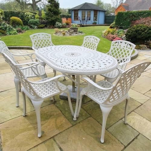 Lazy Susan Ovaler June Gartentisch in Weiß mit 6 Rose Stühlen | Sandgegossenes Aluminium | Wetterfest | Rostfrei | Wartungsarm | 3 Jahre Garantie
