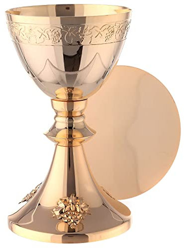 Holyart Gold plated brass Chalice and Paten with attached grape branches 8 in