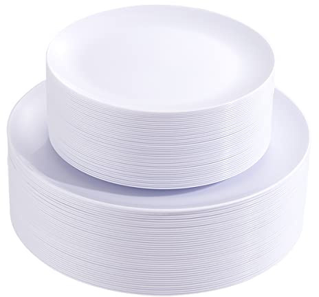 PULOTE 100PCS White Plastic Plates Disposable - Heavyweight 50 White Dinner & 50 Dessert/Salad Plates for Wedding, Party
