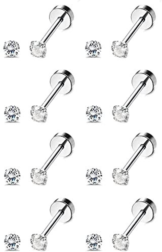 MILACOLATO 8 Paar Ohrstecker Set Hypoallergen Edelstahl für Damen Herren Knorpel Helix Ohrringe 18K Vergoldete CZ Ohrringe mit Schraubverschluss Ohrläppchen Flache Rückseite Ohrstecker Silber 3mm