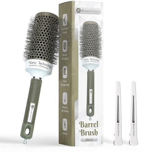 Beauty Carves Round Hair Brush, 45mm Barrel with 2 Clips - Blow Dry Hair Brush with Flexible Nylon 66 Bristles - Nano Ionic Heat Resistant Tech for Professional Curling, Styling & Shining Texture