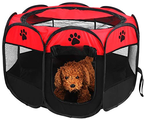 Ejoyous Faltbarer Welpenlaufstall, Tragbares Haustier Zelt mit Netzabdeckung für Hunde Katzen Hasen, Indoor Outdoor Tierlaufstall, 68 x 43 cm, Rot