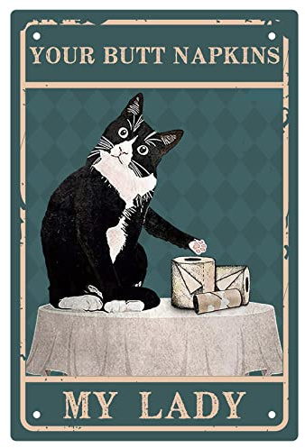 CREATCABIN Badezimmer Schwarze Katze Metallblechschild Eisenschild Poster Ihre Servietten Kunstdruck Retro Vintage Wasserdicht Für Toilette Wand Haus Zuhause Cafés Bar Geschenk Plakette Dekor 20x30cm
