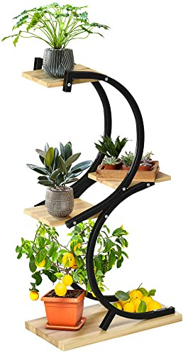 Outsunny 4-Etagen Pflanzenständer S-Förmig Blumenständer 91cm Schwarz | Pflanzenregal aus Metall Holz, Blumenregal, Blumentopfständer, Wohnzimmer, Garten, Balkon