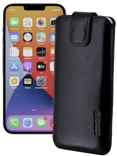 Suncase ECHT Ledertasche Leder Etui *Slim-Edition* kompatibel mit iPhone 15 Pro (6,1 Zoll) Hülle (mit Rückzugsfunktion und Magnetverschluss) in schwarz