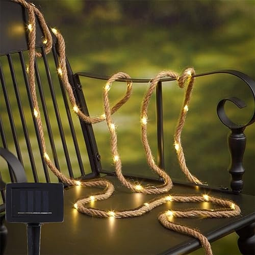 Mixtooltoys Jute-Seil-Lichterkette, 5 m, 100 LEDs, 6 mm, für Schlafzimmer, 8 Modi, solarbetriebene Lichtleiste, hängende Lichterkette mit Fernbedienung, für Camping, Halloween, Weihnachten, Hochzeit,