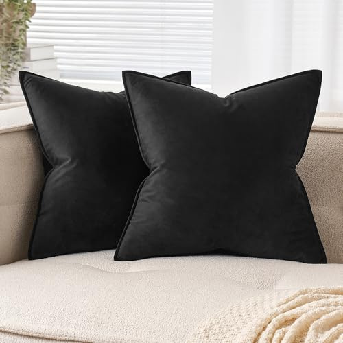 EMEMA Samt Kissenbezug 50x50 Kissenhülle Schwarz 2er Set Dekokissen | Dekorative Sofakissen Dekokissen Umwickelte Kante Kissenbezüge Zierkissenbezug für Sofa Wohnzimmer Schlafzimmer