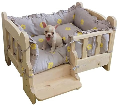 SAAKO Hundebetten Hundebettrahmen aus Holz mit grauem Kissen, erhöhtes, kühlendes Haustierbett, erhöhte Hundebetten für mittelgroße und kleine Hunde, Tierheim Robuste Struktur