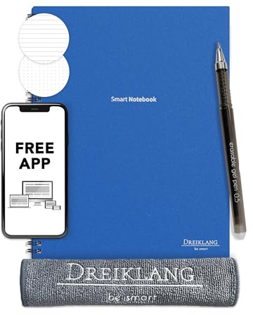 Dreiklang - be smart wiederverwendbares A 5 Notizbuch mit Organizer I Notizblock liniert, gepunktet sowie Planer Seiten I App Cloud I wiederbeschreibbar, Stift, Haftnotizen und Mikrofasertuch
