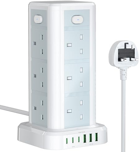 Tower Extension Lead with USB C Slots, Toomke 12 Way Plug Extension Socket Tower with 3 Type C and 3 USB A, Overload Protection Extension Tower with Switches, 1.8M Extension Cable for Home, Office