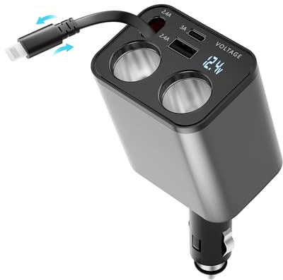 Retractable 5 in 1 Zigarettenanzünder USB C Provides 159W Auto Ladegerät Adapter Kfz 12V, Stecker 2 Fach, USB Adapter KFZ Ladegerät USB C Zigarettenanzünder Kompatibel mit iPhone17/15/16/14/13/12/11/X