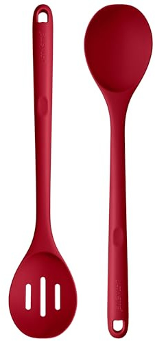 U-Taste Silicone Serving Spoon Set of 2, 315℃ Heat Resistant, Red | 33.9cm, Solid & Slotted Large Cooking Spoons, Long Handle Nonstick Seamless Kitchen Utensil for Mixing Stirring Draining