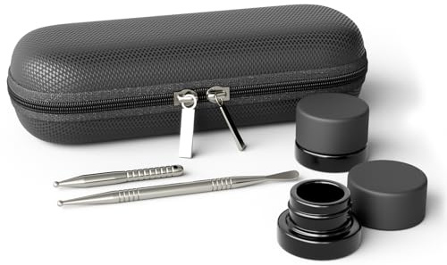 JCASE Dabbing Tool Set 2 x titan Dabberverktyg för olja vax koncentrat Dab kolofonium harts verktyg inkl. två 5 ml glas vaxbehållare i svart travelkit