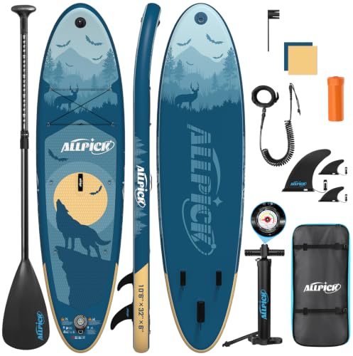 ALLPICK Sup Gonfiabile, Stand Up Paddle Board Gonfiabile, Con Supporto Universale per Fotocamera, Accessori Completi, Tavola da Sup Surf, Principianti e Avanzati, 200kg (Misterioso - Blu)