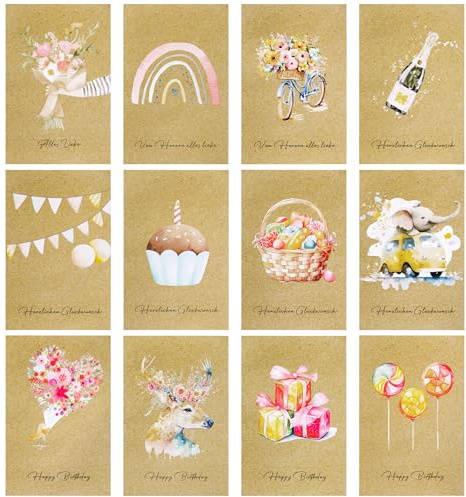 Heveer Set di Biglietti di Auguri Biglietti Pieghevoli con Buste Adesivi Biglietto di Auguri in Carta Kraft per Compleanno Natale 12 Pezzi