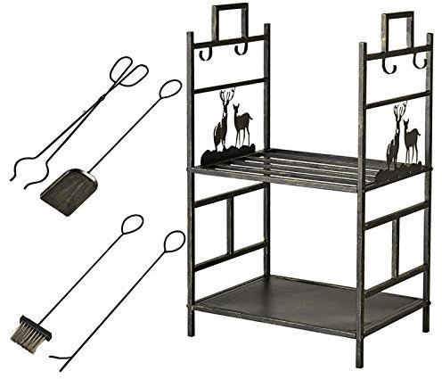 Portalegna da ardere con attrezzi, in ferro battuto, resistente, per interni/esterni/stufe, in bronzo con alce