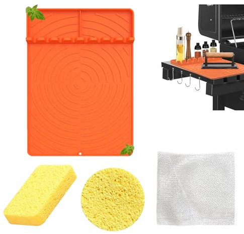 Silikon-Grillmatte für Blackstone, Lebensmittelqualität, Spachtelmatte mit Outdoor-Grillwerkzeugablage, große Seitenablage, Grillzubehör für Küche, Kochen, Arbeitsplatte (Orange)