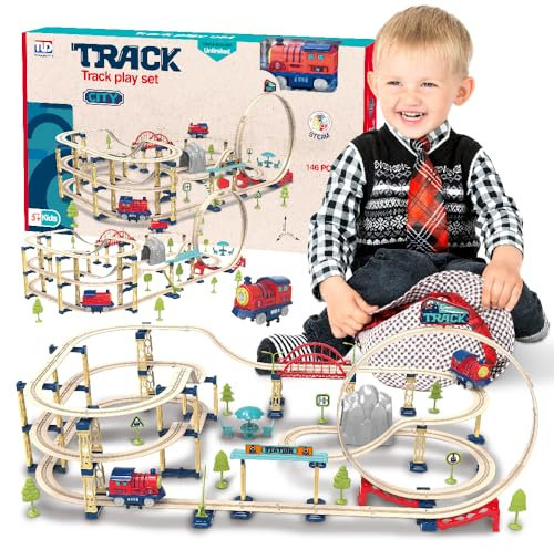 sun baby Zugstrecke mit elektrischer Lokomotive für Kinder ab 3 Jahren - Spielzeug mit einem mehrstöckigen Gleis, Einer Brücke, einem Viadukt, Verkehrsschildern, Bäumen und Bergen