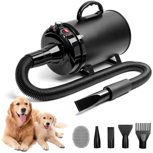 Blanlody Asciugacapelli per cani, molto silenzioso, 5,2 CV/3800 W, motore regolabile, ventilatore per la cura del cane con 4 diversi ugelli, tubo elastico