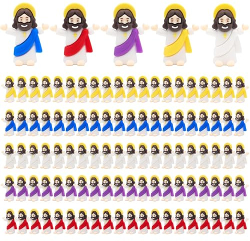 Yelakey 100 st Mini Jesus Little Jesus Figurer, 100-pack, Jesus-figur, minificka, Jesus att gömma och söka söndagsskola, religiösa festgåvor, present till påskäggsfyllare (flerfärgad)