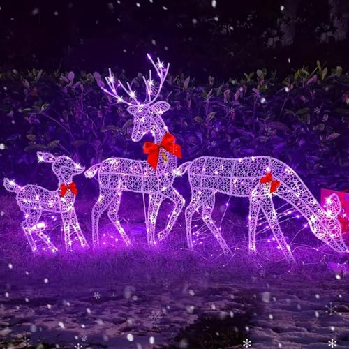 Beleuchtetes Weihnachts-Hirsch-Familien-Set – 3-teilige Rentier-Weihnachtsdekoration für Draußen und Drinnen, Hofdekoration mit LED-Lichtern, Rote Schleifen, 37.00 * 26.00 * 5.00