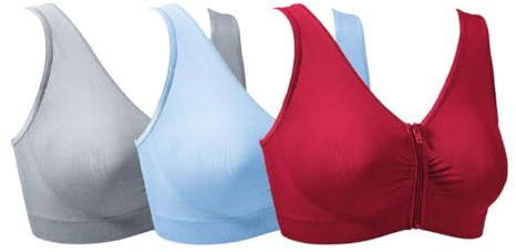 Coopers of Stortford - Pack of 3 Comfy Front Zip Bras for Women - Seamless Everyday Support - No Underwire, Easy Fastening, Machine Washable