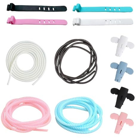 QEXUJOW Gaines de câbles électriques,4 pièces 1,4 m spirales de câble, tuyau flexible de protection de câble, tuyau en spirale avec 4 protecteurs de câble et 4 serre-câbles