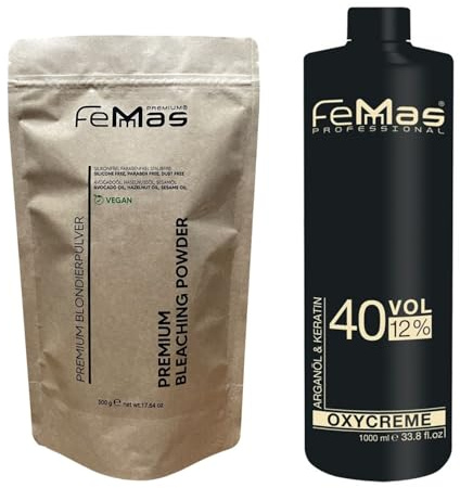 FemMas Blonderingspulver set 500 g vegansk och utvecklare 12 procent 1L I ultrastark och dammfri I med näringsrika oljor I hårblekningssats för hem i salongskvalitet I blondering av 7-9 tonnivåer