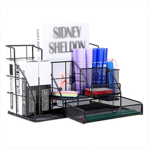 Ventouse Schreibtisch Organizer mit Aktenhalter für Bürobedarf: Mesh Metall Desktop Büro Organizer mit Schublade und 3 Stiftehalter Desk Organizer für A4 Datei Home Office Supplies