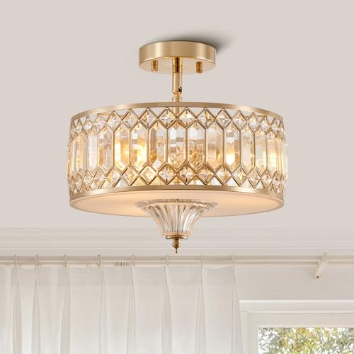 Majhoiw 33cm Moderne 3-Licht Kristall-Kronleuchter Gebürstetes Gold | Runde Trommel-Deckenlampe, Für Wohnzimmer/Esszimmer/Schlafzimmer/Flur